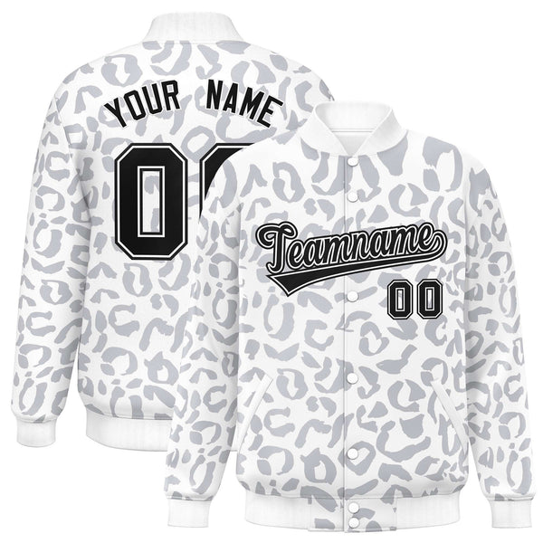 Custom White Gray Varsity Full-Snap Leopard Print Graffiti Pattern Letterman Baseball Jacket | BuyFootballJersey