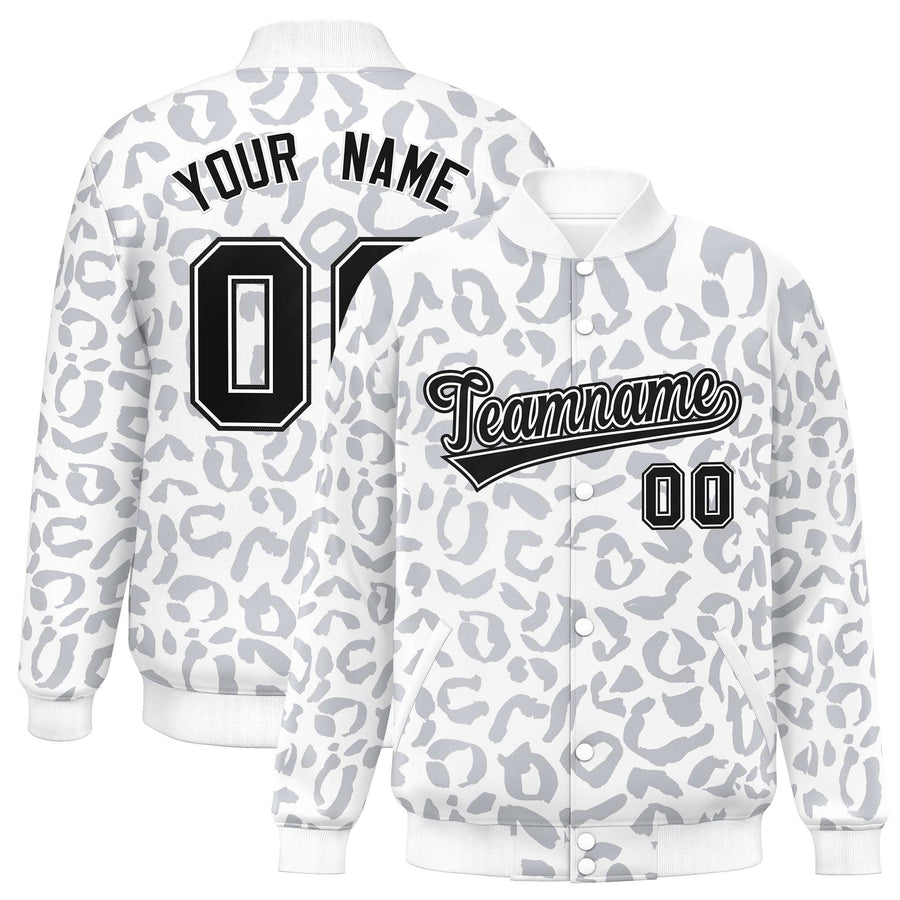 Custom White Gray Varsity Full-Snap Leopard Print Graffiti Pattern Letterman Baseball Jacket | BuyFootballJersey