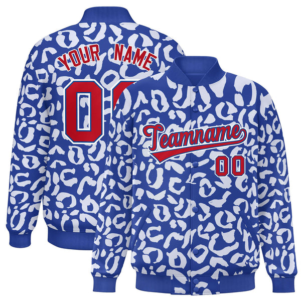 Custom Royal White Varsity Full-Snap Leopard Print Graffiti Pattern Letterman Baseball Jacket | BuyFootballJersey