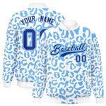 Custom White Powder Blue Varsity Full-Snap Leopard Print Graffiti Pattern Letterman Baseball Jacket | BuyFootballJersey