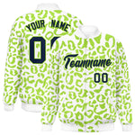 Custom White Neon Green Varsity Full-Snap Leopard Print Graffiti Pattern Letterman Baseball Jacket | BuyFootballJersey