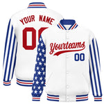 Custom White Royal American Flag Varsity Full-Snap Raglan Sleeves Letterman Bomber Jacket | BuyFootballJersey
