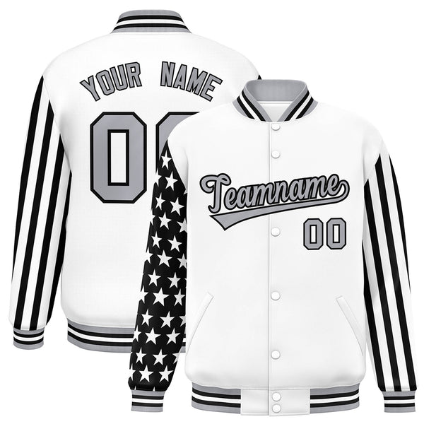 Custom White American Flag Varsity Full-Snap Raglan Sleeves Letterman Bomber Jacket | BuyFootballJersey