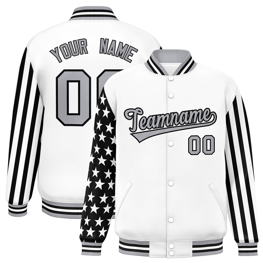 Custom White American Flag Varsity Full-Snap Raglan Sleeves Letterman Bomber Jacket | BuyFootballJersey