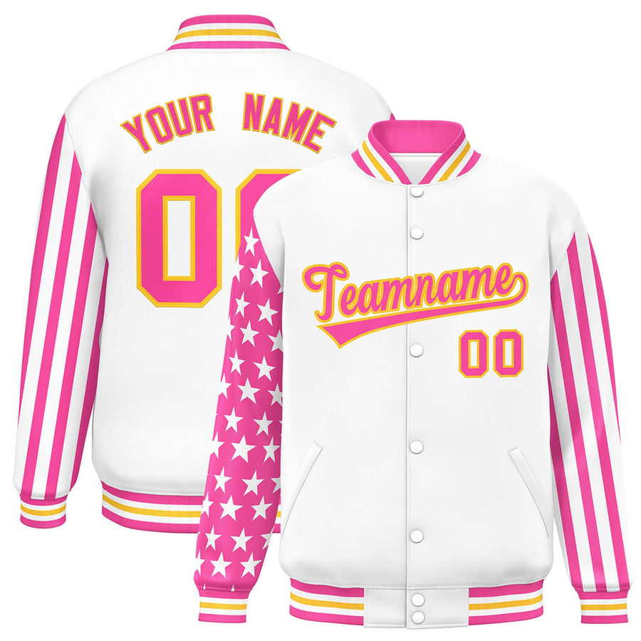 Custom White Pink American Flag Varsity Full-Snap Raglan Sleeves Letterman Bomber Jacket | BuyFootballJersey