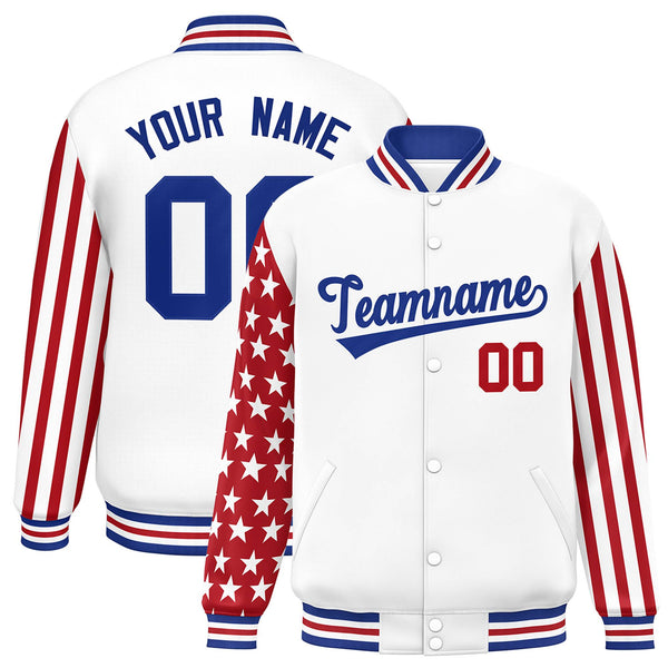 Custom White Red American Flag Varsity Full-Snap Raglan Sleeves Letterman Bomber Jacket | BuyFootballJersey