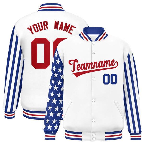Custom White Royal American Flag Varsity Full-Snap Raglan Sleeves Letterman Bomber Jacket | BuyFootballJersey