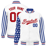 Custom White Royal American Flag Varsity Full-Snap Raglan Sleeves Letterman Bomber Jacket | BuyFootballJersey