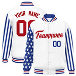 Custom White Royal American Flag Varsity Full-Snap Raglan Sleeves Letterman Bomber Jacket | BuyFootballJersey