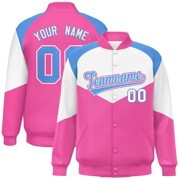 Custom White Pink Varsity Full-Snap Color Block Letterman Jacket | BuyFootballJersey