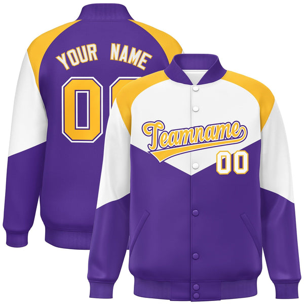 Custom White Purple Varsity Full-Snap Color Block Letterman Jacket | BuyFootballJersey