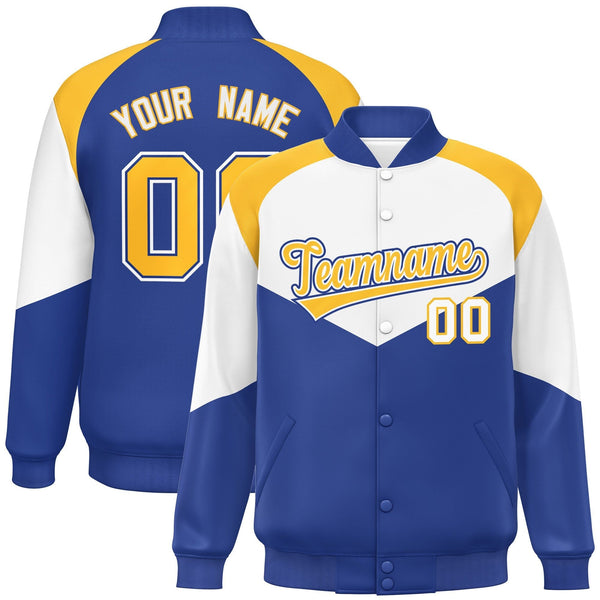 Custom White Royal Varsity Full-Snap Color Block Letterman Jacket | BuyFootballJersey