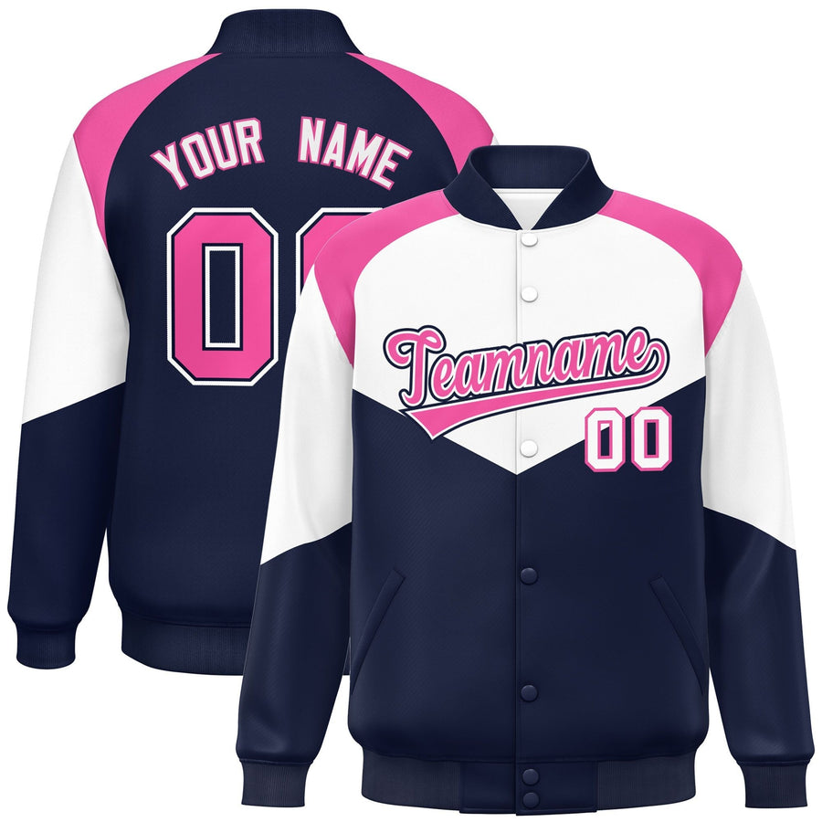 Custom White Navy Varsity Full-Snap Color Block Letterman Jacket | BuyFootballJersey