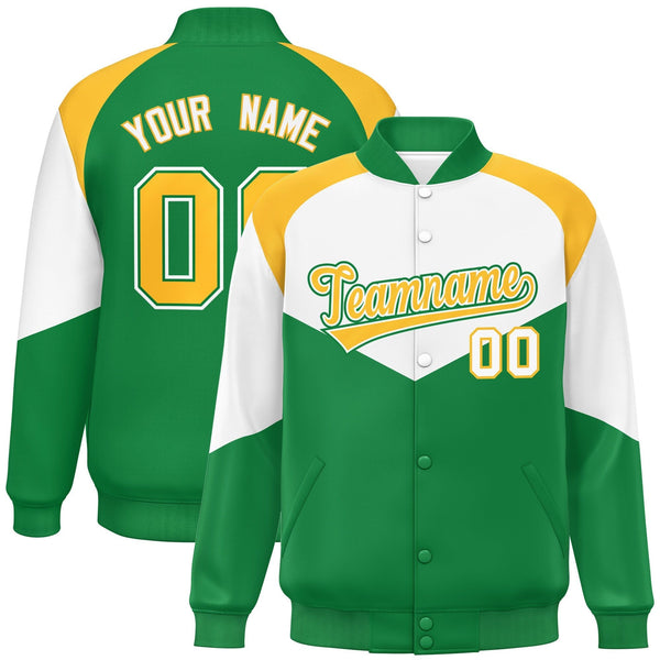 Custom White Kelly Green Varsity Full-Snap Color Block Letterman Jacket | BuyFootballJersey