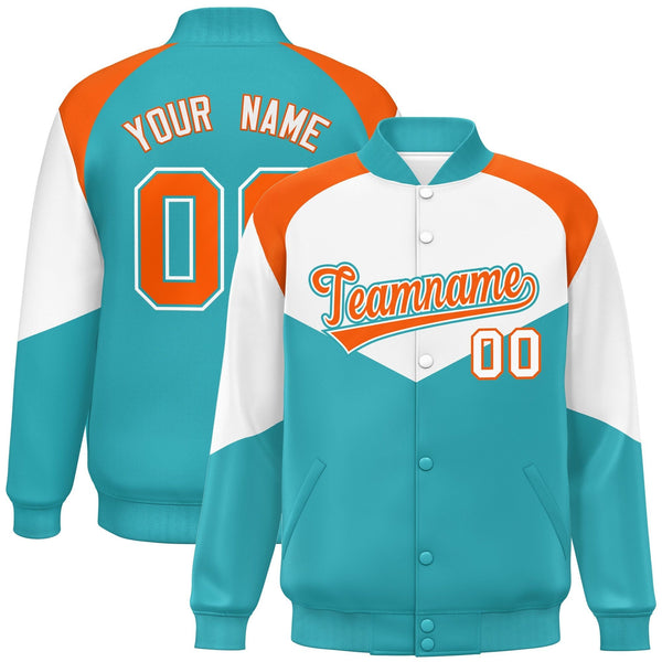 Custom White Aqua Varsity Full-Snap Color Block Letterman Jacket | BuyFootballJersey