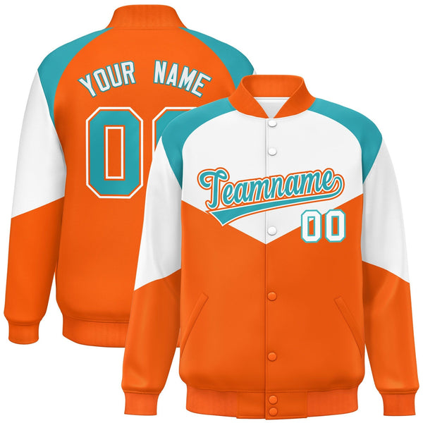 Custom White Orange Varsity Full-Snap Color Block Letterman Jacket | BuyFootballJersey