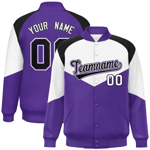 Custom White Purple Varsity Full-Snap Color Block Letterman Jacket | BuyFootballJersey