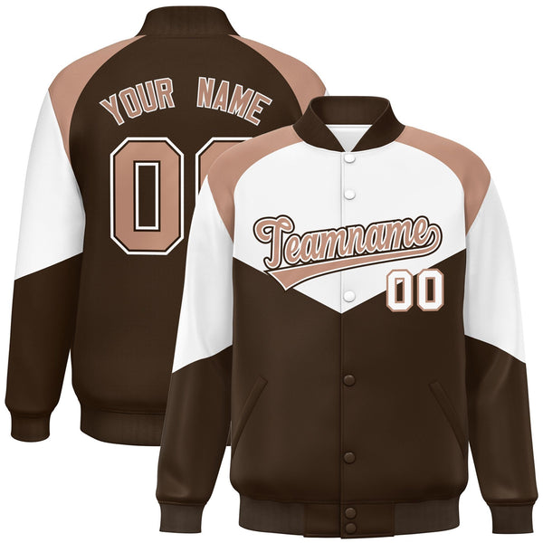 Custom White Light Brown Varsity Full-Snap Color Block Letterman Jacket | BuyFootballJersey