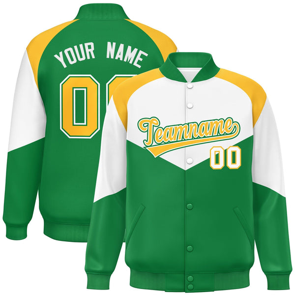 Custom White Kelly Green Varsity Full-Snap Color Block Letterman Jacket | BuyFootballJersey