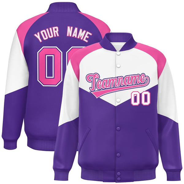 Custom White Purple Varsity Full-Snap Color Block Letterman Jacket | BuyFootballJersey
