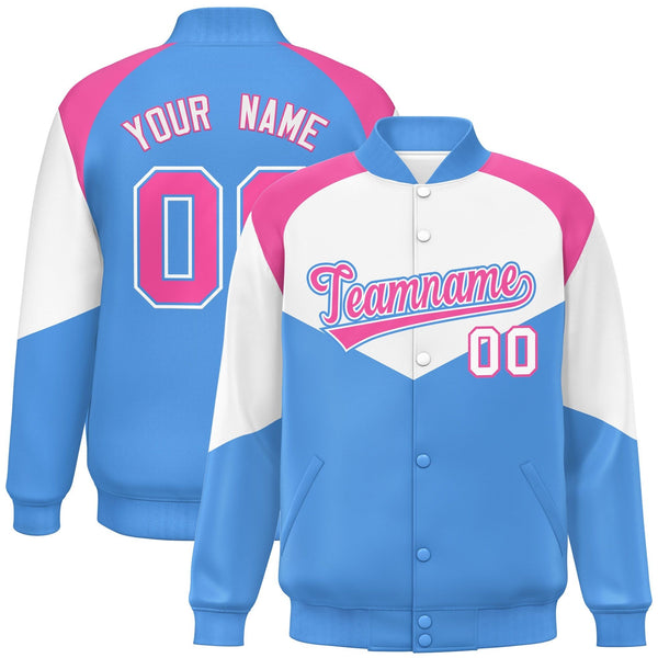 Custom White Powder Blue Varsity Full-Snap Color Block Letterman Jacket | BuyFootballJersey