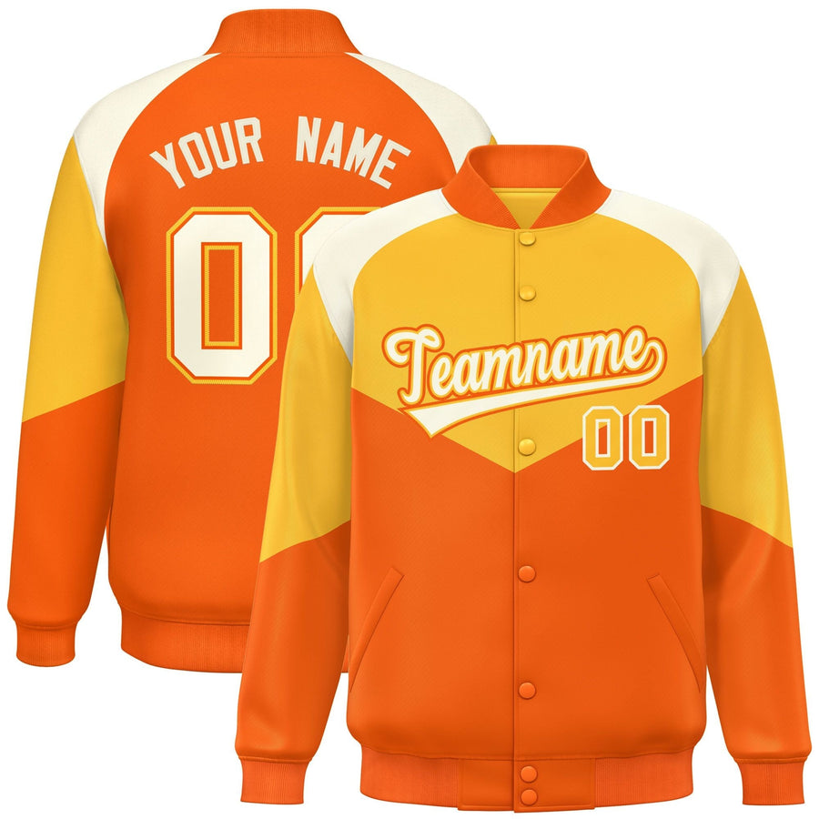 Custom Gold Orange Varsity Full-Snap Color Block Letterman Jacket | BuyFootballJersey