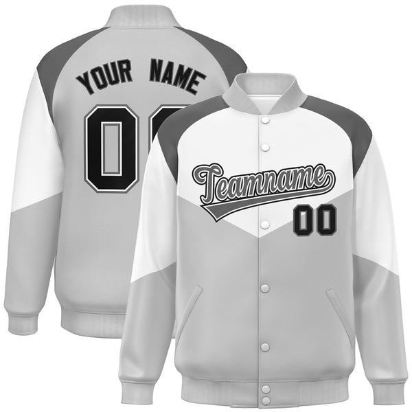 Custom White Gray Varsity Full-Snap Color Block Letterman Jacket | BuyFootballJersey