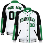 Custom White Black-Kelly Green Raglan Sleeves Varsity Full-Snap Letterman Baseball Jacket | BuyFootballJersey