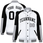 Custom White Black-Gray Raglan Sleeves Varsity Full-Snap Letterman Baseball Jacket | BuyFootballJersey