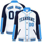 Custom White Navy-Powder Blue Raglan Sleeves Varsity Full-Snap Letterman Baseball Jacket | BuyFootballJersey