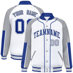 Custom White Gray-Royal Raglan Sleeves Varsity Full-Snap Letterman Baseball Jacket | BuyFootballJersey