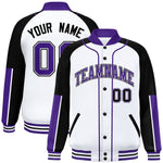 Custom White Black-Purple Raglan Sleeves Varsity Full-Snap Letterman Baseball Jacket | BuyFootballJersey