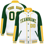 Custom White Green-Gold Raglan Sleeves Varsity Full-Snap Letterman Baseball Jacket | BuyFootballJersey