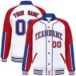 Custom White Red-Royal Raglan Sleeves Varsity Full-Snap Letterman Baseball Jacket | BuyFootballJersey