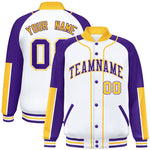 Custom White Purple-Gold Raglan Sleeves Varsity Full-Snap Letterman Baseball Jacket | BuyFootballJersey