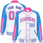 Custom White Powder Blue-Pink Raglan Sleeves Varsity Full-Snap Letterman Baseball Jacket | BuyFootballJersey