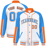 Custom White Powder Blue-Orange Raglan Sleeves Varsity Full-Snap Letterman Baseball Jacket | BuyFootballJersey