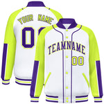 Custom White Neon Green-Purple Raglan Sleeves Varsity Full-Snap Letterman Baseball Jacket | BuyFootballJersey
