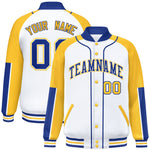 Custom White Gold-Royal Raglan Sleeves Varsity Full-Snap Letterman Baseball Jacket | BuyFootballJersey