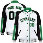 Custom White Black-Kelly Green Raglan Sleeves Varsity Full-Snap Letterman Baseball Jacket | BuyFootballJersey