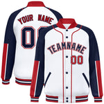 Custom White Navy-Red Raglan Sleeves Varsity Full-Snap Letterman Baseball Jacket | BuyFootballJersey