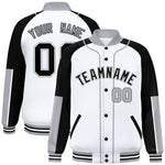 Custom White Black-Gray Raglan Sleeves Varsity Full-Snap Letterman Baseball Jacket | BuyFootballJersey