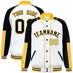 Custom White Black-Gold Raglan Sleeves Varsity Full-Snap Letterman Baseball Jacket | BuyFootballJersey
