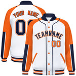 Custom White Orange-Navy Raglan Sleeves Varsity Full-Snap Letterman Baseball Jacket | BuyFootballJersey