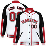 Custom White Black-Red Raglan Sleeves Varsity Full-Snap Letterman Baseball Jacket | BuyFootballJersey