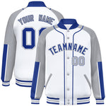 Custom White Gray-Royal Raglan Sleeves Varsity Full-Snap Letterman Baseball Jacket | BuyFootballJersey