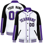 Custom White Black-Purple Raglan Sleeves Varsity Full-Snap Letterman Baseball Jacket | BuyFootballJersey