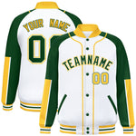Custom White Green-Gold Raglan Sleeves Varsity Full-Snap Letterman Baseball Jacket | BuyFootballJersey