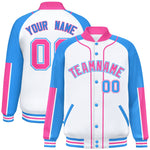 Custom White Powder Blue-Pink Raglan Sleeves Varsity Full-Snap Letterman Baseball Jacket | BuyFootballJersey