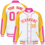 Custom White Gold-Pink Raglan Sleeves Varsity Full-Snap Letterman Baseball Jacket | BuyFootballJersey
